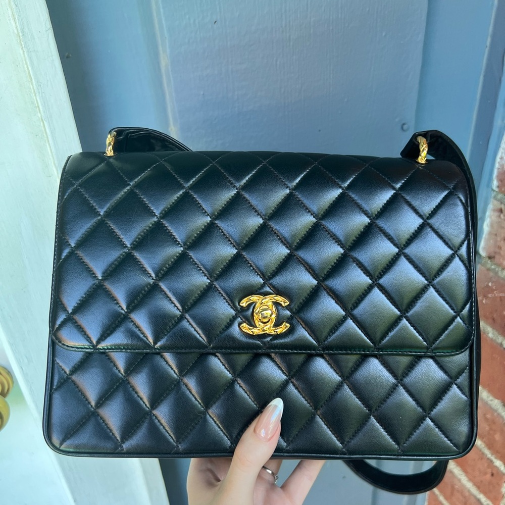 Authentic Chanel black quilted lambskin flap messenger bijou 24k gold hardware